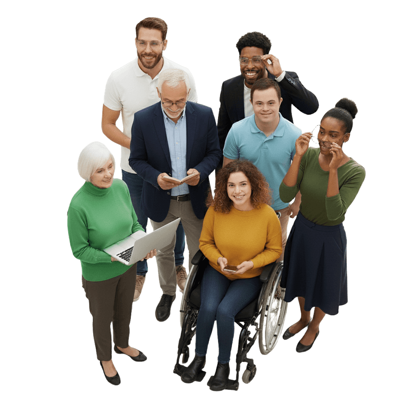 Diverse group of people representing web accessibility - including people of different ages, ethnicities, and abilities